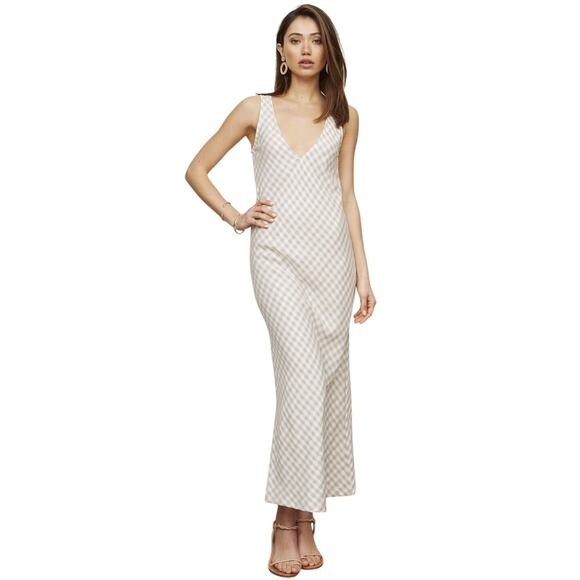 Rachel Pally Beige Gingham Bias V Neck Sleeveless Linen Blend Midi Dress Size XS - Picture 1 of 9